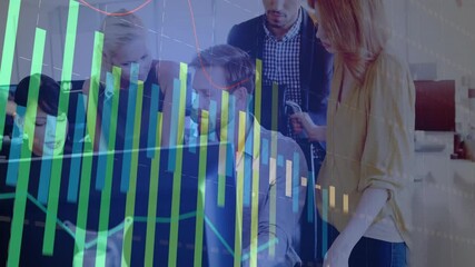 Poster - business team analyzing data around computer workstation, displaying animated bar charts