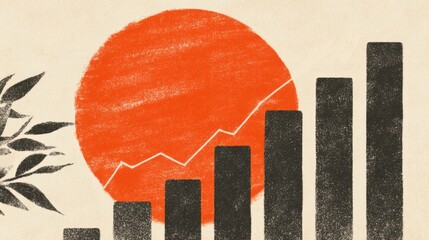 Poster - Abstract illustration of a rising graph with an orange sun and leaves in the background