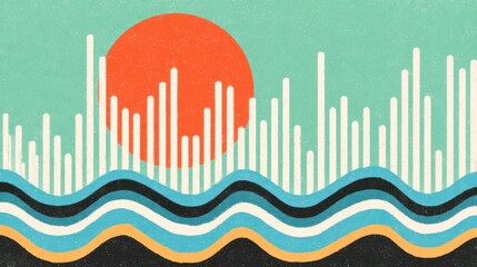 Poster - Abstract retro illustration of waves, sun and vertical lines in a textured style