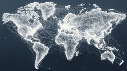 Poster - Abstract white world map with connecting lines on a dark blue background