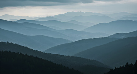 Naklejka na meble Atmospheric Mountain Ranges Ethereal Blue Landscape with Cloudy Sky