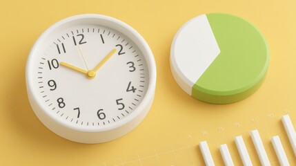 Poster - Clock, pie chart, and bar graph on yellow background representing time and data