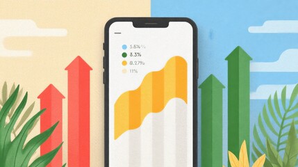 Aufkleber - Colorful illustration of a smartphone with financial growth charts and rising arrows