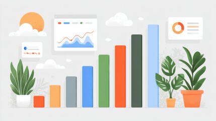 Aufkleber - Colorful illustration of business data charts and plants on a light background