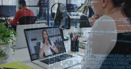 Poster - Female office worker joining remote tech meeting at laptop desk, with floating code streams
