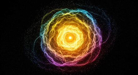 Poster - A glowing colorful nebula with a bright center against a dark background with scattered particles