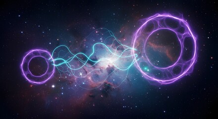 Poster - A cosmic scene featuring two purple rings connected by teal energy against a starry nebula background