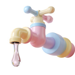 Poster - A whimsical 3D render of a pastel colored household faucet with a rounded handle and a transparent water droplet creating a clean and minimalist aesthetic