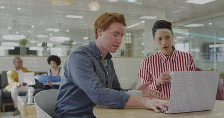 Poster - Software developer and UX designer collaborating over laptop, floating chart showing business data