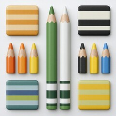 Poster - Creative flat lay of colorful pencils and erasers on a clean white background.