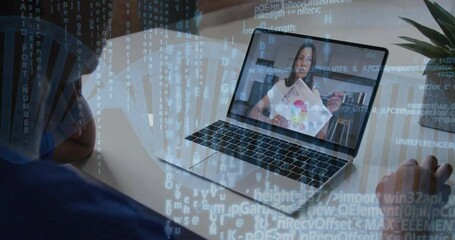Poster - Woman sitting at desk watching technology training call, with animated code streams and DNA helix