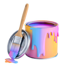 Poster - Colorful 3D of an open paint can with dripping pastel toned paint and a paint brush creating a vibrant and creative composition on a clean white background
