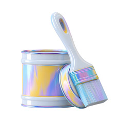 Poster - A whimsical and playful composition featuring a pastel colored paint can with an iridescent multicolored finish and a matching paintbrush against a clean minimalist white background