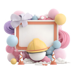 Poster - A playful and colorful 3D pastel frame with soft shadows featuring a charming construction helmet that represents approved safety and certification