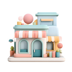 Aufkleber - Charming and vibrant pastel themed local store showcasing a playful yet streamlined architectural design with clean lines rounded shapes and a carefully curated display of merchandise