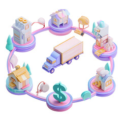 Poster - Vibrant 3D pastel depicting a circular supply chain system with interconnected elements like a factory truck house consumer and dollar symbol showcasing the flow of commerce and logistics