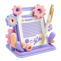Poster - A pastel toned 3D of a signed contract document with a gear and pen symbolizing a technical agreement in a soft vibrant color palette