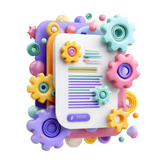 Poster - Colorful pastel 3D depiction of a document with gears for system approval and signature showcasing a vibrant modern style against a clean white backdrop