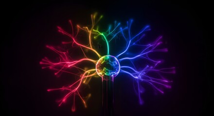 Poster - Colorful plasma ball with electric discharges radiating outwards against a dark background display science