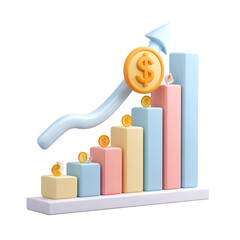 Aufkleber - Whimsical pastel 3D model depicting an upward trending bar chart with a dollar sign icon symbolizing positive financial growth and returns on investment