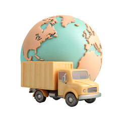 Fototapete - A bright pastel 3D render of a yellow shipping truck positioned before a minimalist globe with a stylized world map symbolizing international delivery and logistics services