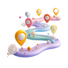 Poster - Whimsical 3D pastel depicting a connected delivery route with a network of colorful map pins and a dynamic zig zag path conveying a sense of vibrant movement and modern transportation logistics