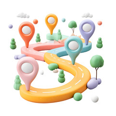 Poster - Vibrant and whimsical 3D depicting a network of connected paths map pins and a winding zigzag route symbolizing the journey of delivery