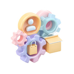 Fototapete - Abstract 3D render in soft pastel colors depicting a user icon linked to a gear and package symbolizing the coordination and logistics involved in various digital and business processes