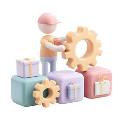 Poster - A minimalist pastel colored 3D scene depicting a simplified figure representing a supply manager interacting with geometric cubes and gears symbolizing packages and systems