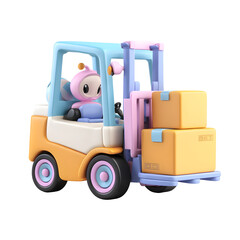 Poster - a 3d pastel toned of a cheerful stylized forklift lifting two cardboard boxes in a clean bright sett