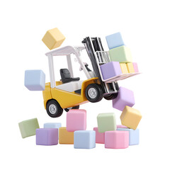 Poster - Whimsical 3D rendering of a forklift carrying colorful pastel cargo boxes in a stylized warehouse distribution environment