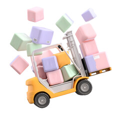 Poster - A digitally rendered 3D image of a forklift in motion carrying pastel colored cuboid cargo boxes against a minimalist white background