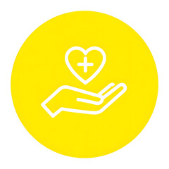 Poster - A minimalist bright yellow circular icon depicting a white outline of a heart resting in an open palm symbolizing healthcare compassion and support