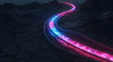 Poster - A winding path of neon light through a dark landscape with mountains in the background at nighttime