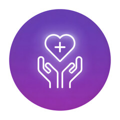 Poster - An icon depicting two hands cradling a glowing heart symbol with a plus sign representing healthcare medical support and a of compassion and aid
