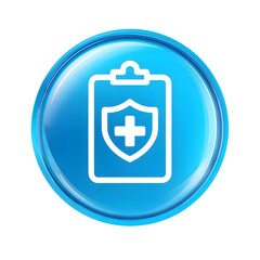 Poster - A simple modern icon featuring a white medical clipboard with a shield and cross symbol placed within a blue circular bubble on a white background