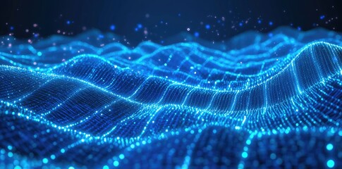 Poster - A mesmerizing abstract representation of flowing blue waves illuminated by shimmering golden particles. creating a sense of depth and tranquility in a digital landscape