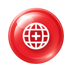 Poster - Minimalist red circular icon with white globe and cross symbol representing international medical care and assistance