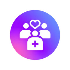 Fototapete - Minimalist icon depicting a collaborative symbol with a heart and cross shape surrounded by people in a gradient purple and blue circle