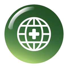 Poster - A simple clean icon depicting a white medical cross overlaid on a green globe symbolizing worldwide healthcare accessibility and interconnectedness
