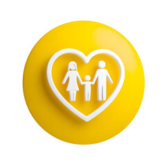 Poster - A simple clean graphic design featuring a minimalist white icon of a family or group within a heart shaped yellow bubble conveying themes of