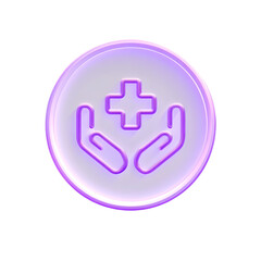 Poster - A simple elegant 3D icon depicting a purple circular bubble with a white healthcare cross surrounded by cupped hands in a soft glow on a clean white background