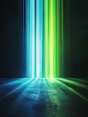 Poster - A vibrant abstract background showcasing radiant beams of green and blue light converging towards a central point. creating a sense of depth and motion. ideal for digital designs