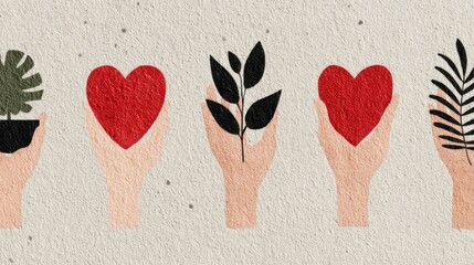 Poster - Hands holding hearts, plants, and leaves against a textured neutral background