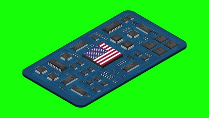 Fototapete - Isometric electronic board animation with USA flag. Isometric printed circuit board with electronic components. Electronic components and integrated circuit board. 4K animation