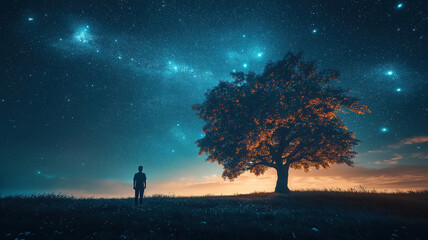 Wall Mural - The evening sky turns to night as countless stars sparkle brightly across the starry dusk sky