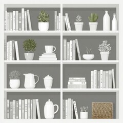 Poster - Minimalist bookshelf decor with plants, books, and white objects against gray background