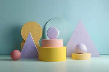 Poster - Pastel geometric shapes composition on a mint background.