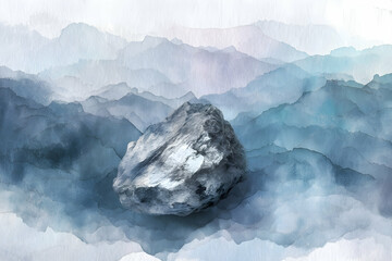 Poster - Solitary rock amidst misty mountain range.