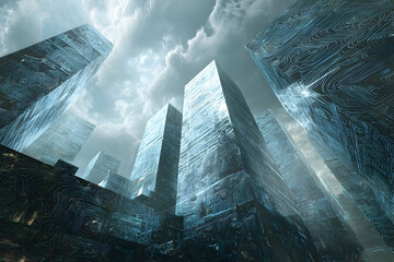 Poster - Futuristic cityscape of massive, blocky structures.